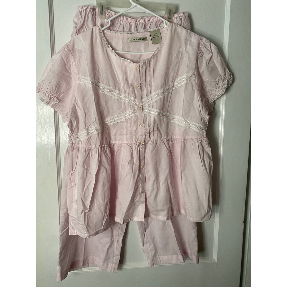 Laura Ashley Pink Cotton Pajama Set Lace Trim Button Front Womens Medium